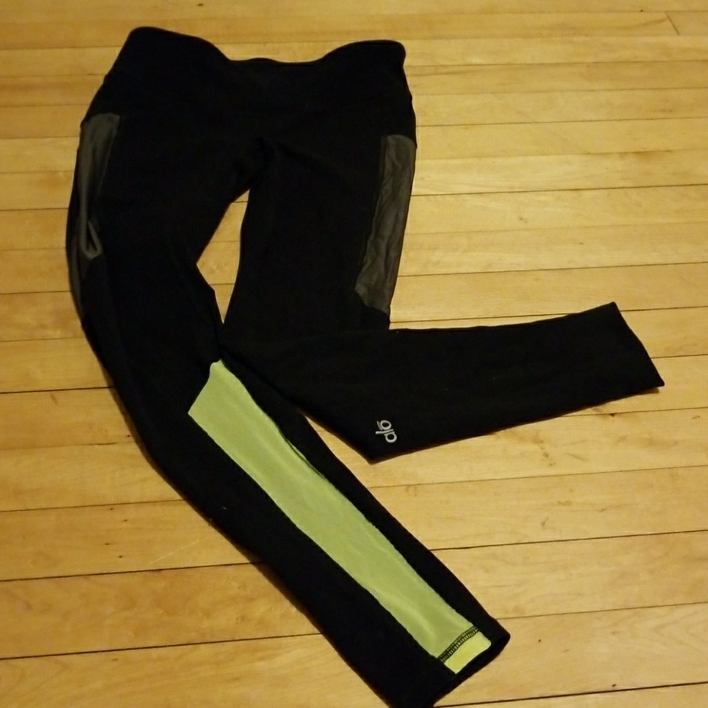 alo leggings - black with gray and lime green